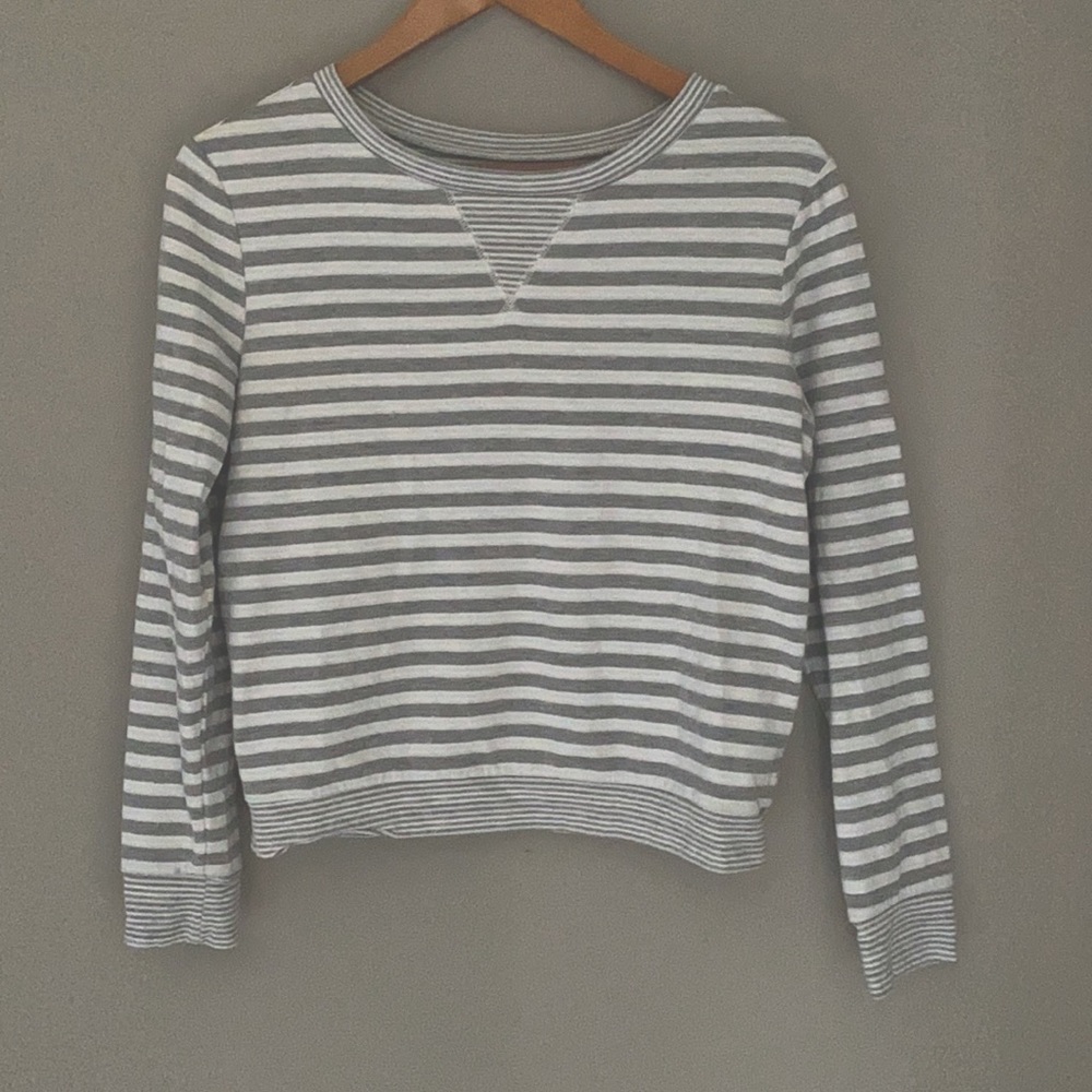 Grey and white striped crew neck